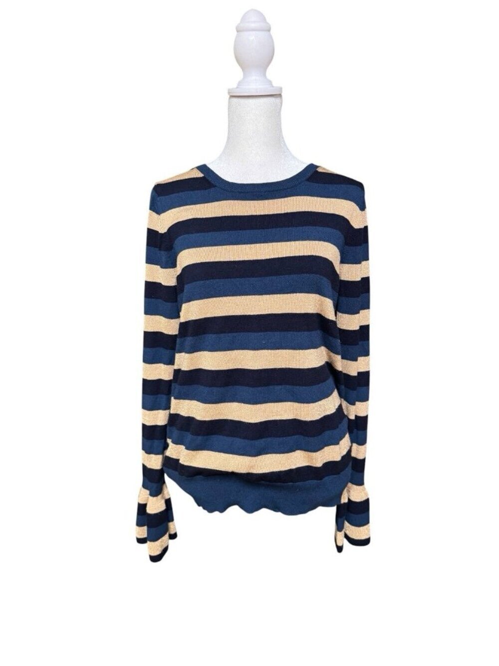 Ann Taylor Striped Sweater Top L Blue Gold Bell Sleeve Knit Stretch
